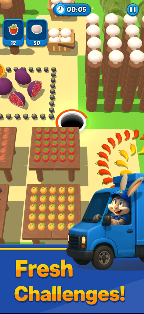 Hole Express: Black Hole Game - A cartoon bunny driving a blue delivery truck in the Hole Express game with fruit and a black hole