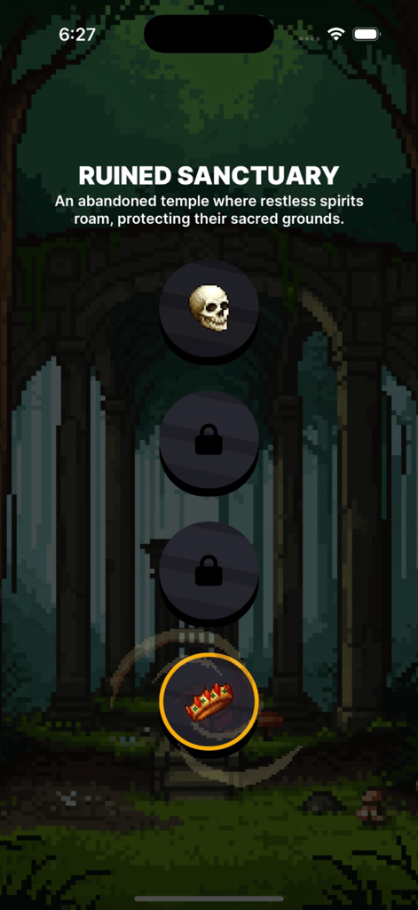 Levelite - Levelite mobile app screen showing the Ruined Sanctuary level with pixel art graphics and game icons including a skull and crown