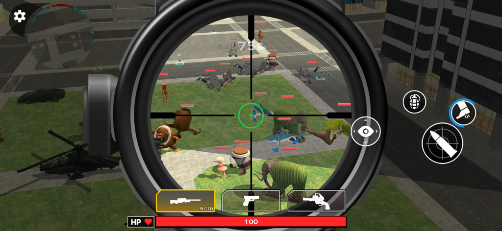 Survival in Brainrot: Shooter - Vista de mira de francotirador apuntando a varios monstruos de memes en un entorno urbano 3D.