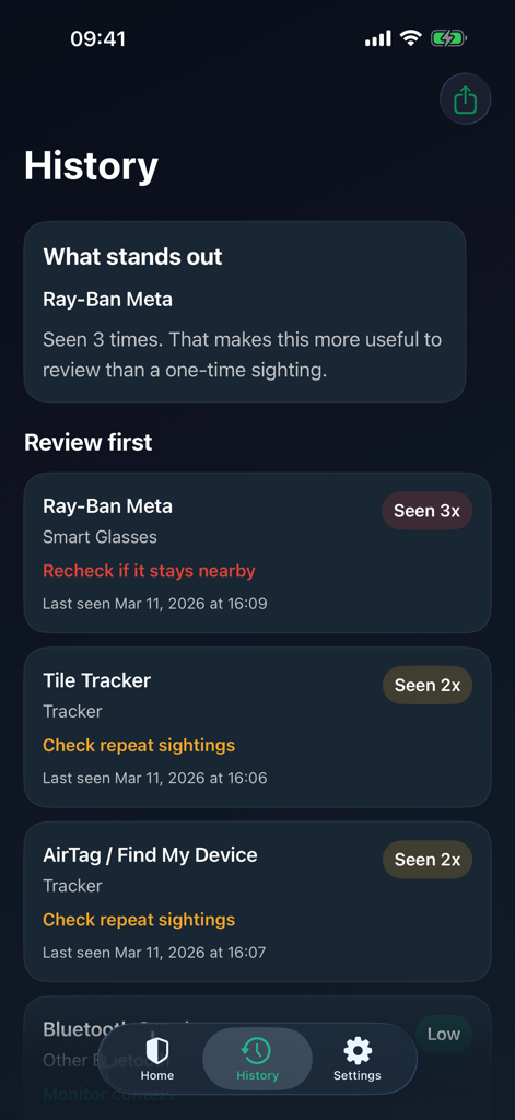 Nearby Glasses Scanner - History screen of the Nearby Glasses Scanner app showing detected smart glasses and Bluetooth trackers with sighting frequency.