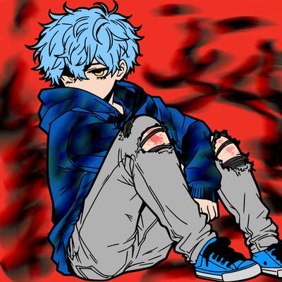 a male hoddie ripped jeans messy hair anime