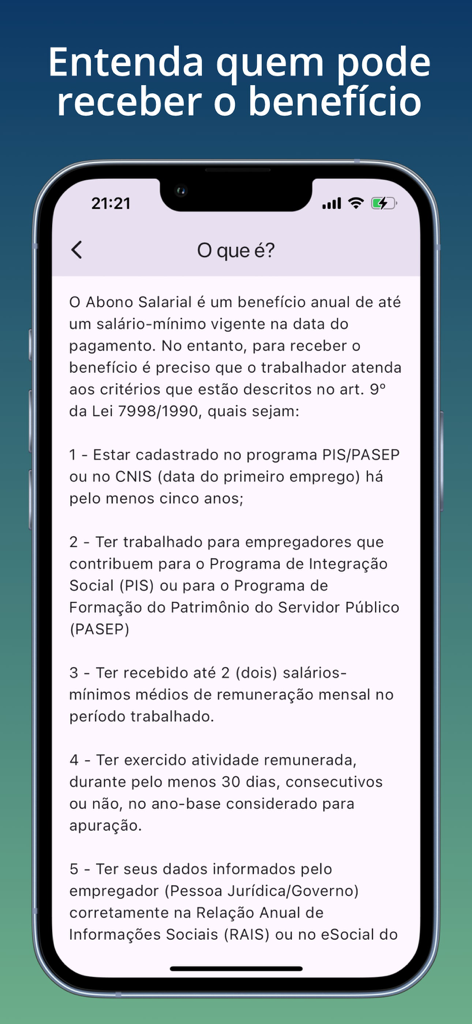 A mobile app screen in Portuguese explaining the eligibility requirements for the Brazilian PIS PASEP salary bonus benefit