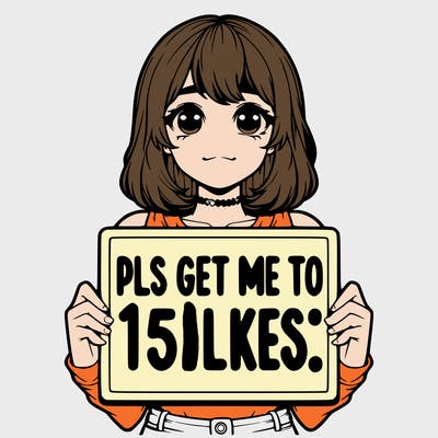 realistic girl holding up a sign that says “pls get me to 15 likes!”