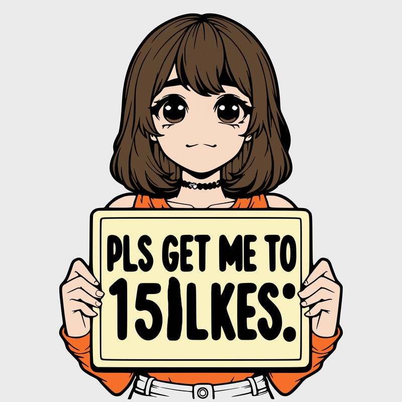 realistic girl holding up a sign that says “pls get me to 15 likes!”