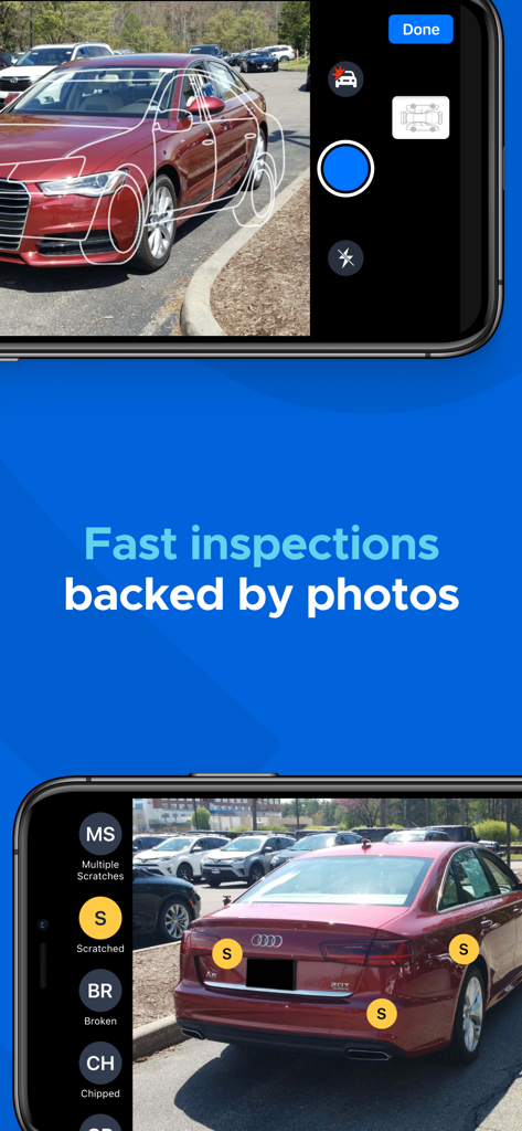 A smartphone showing the Super Dispatch app photo inspection feature used to mark vehicle damage during auto transport.