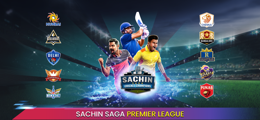 Sachin Saga Cricket Champions premier league game screen with team logos and players