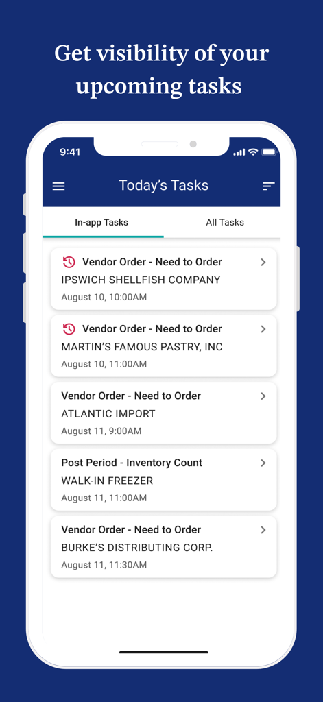 Crunchtime Inventory - Crunchtime Inventory app dashboard showing a list of upcoming restaurant management tasks