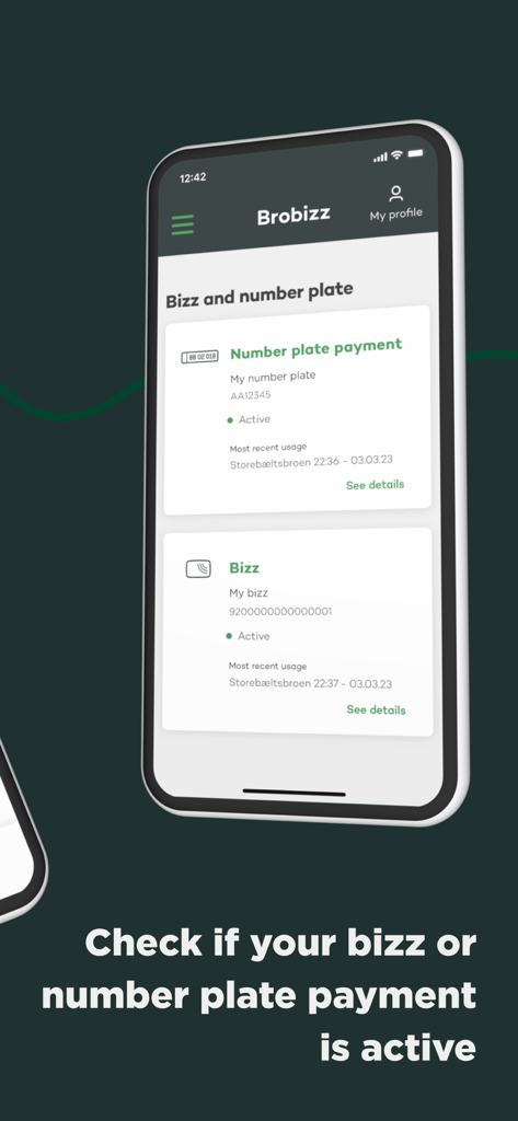 Brobizz-App-Oberfläche mit aktivem Status für Kennzeichen- und Bizz-Mautzahlungen