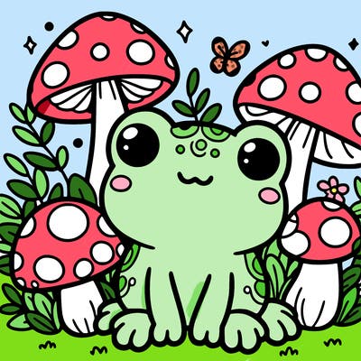 cute frog surrounded by mushrooms