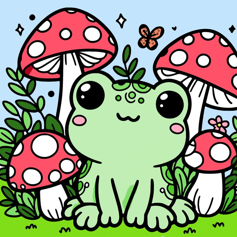 cute frog surrounded by mushrooms