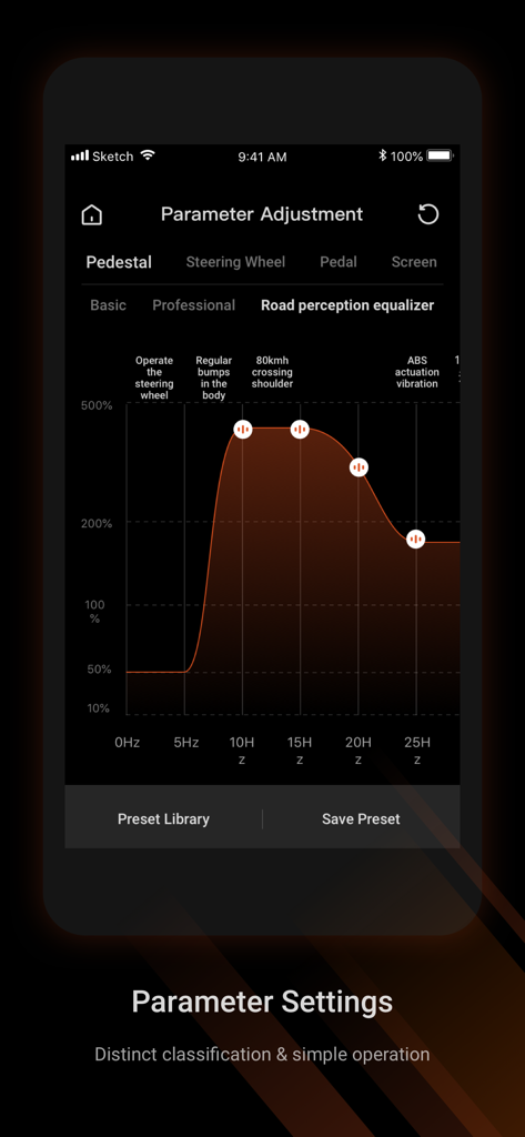 MOZA Racing - MOZA Racing App Bildschirm für die Einstellungen des Straßenwahrnehmungs-Equalizers