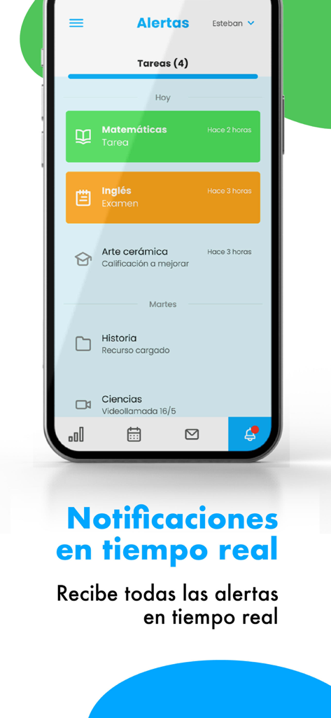 Smartphone displaying the Idukay Familias app alerts screen with real-time notifications for school homework and exams.