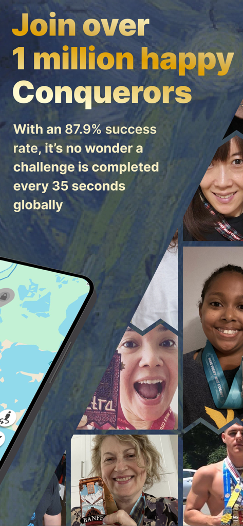 The Conqueror Challenges - Tela promocional para o The Conqueror Challenges mostrando usuários felizes com suas medalhas ganhas e estatísticas de sucesso do aplicativo