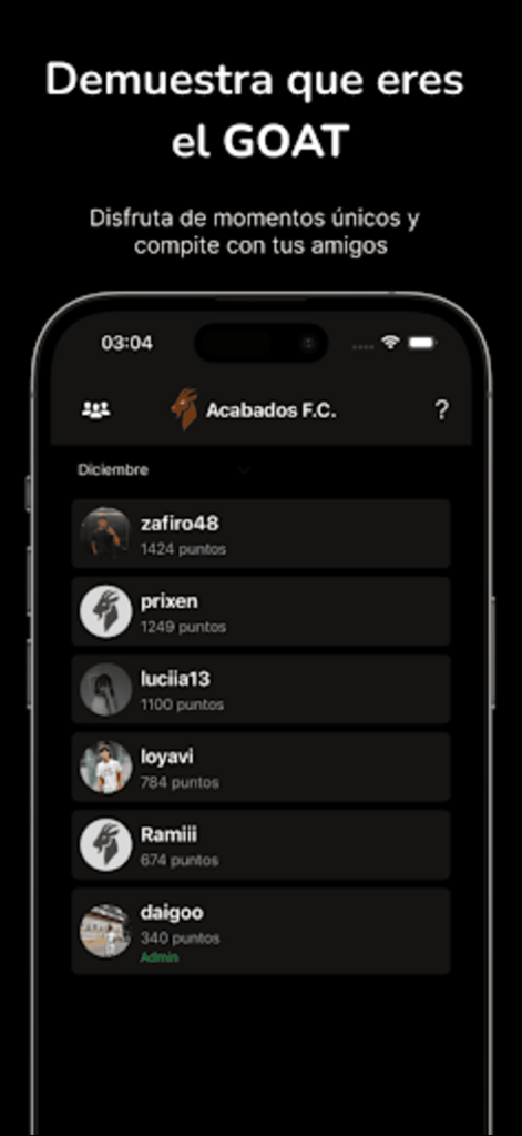 Goated - A leaderboard screen in the Goated app showing a ranking of friends by points within a group.