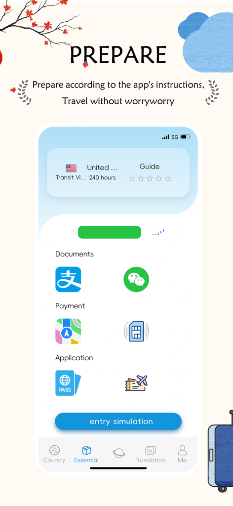China Travel Online - Mobile dashboard of China Travel Online app showing preparation steps and entry simulation for international visitors.