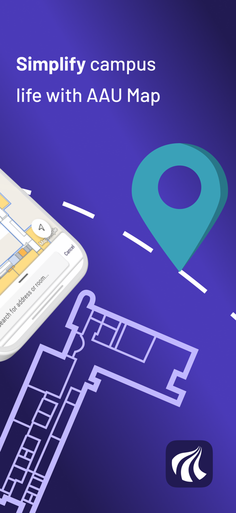 AAU Map - Interfaccia dell'app mobile Mappa AAU per la navigazione del campus dell'Università di Aalborg e la mappatura interna.