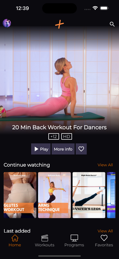 DanceFit+: Dance & Fun Workout - DanceFit plus app interface showing a 20 minute back workout for dancers and various sculpting classes.