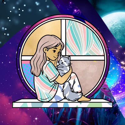 a girl with a cat in her arm sitting on the window