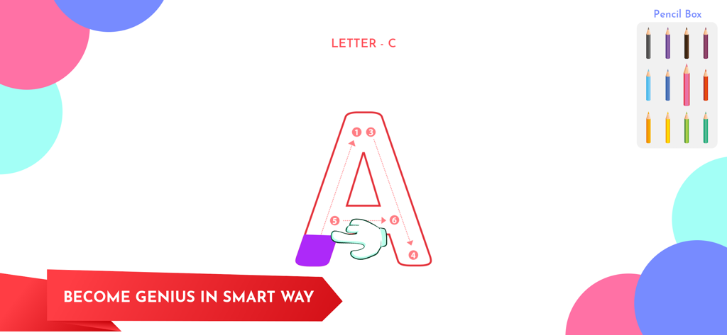 Slate Tracing Alphabets Number - Pantalla interactiva para que los niños tracen la letra mayúscula A con una mano de dibujos animados guiada y lápices de colores