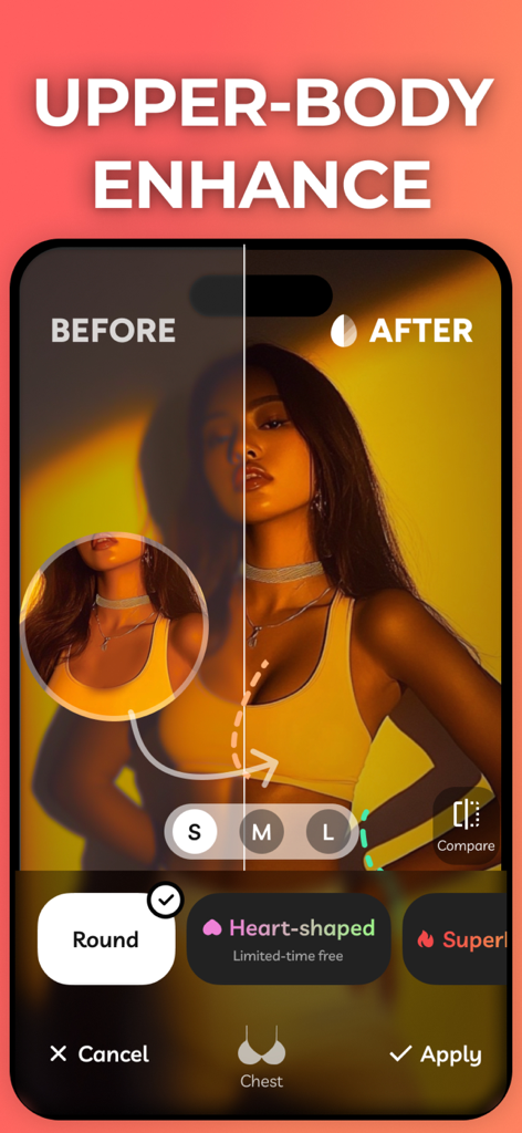 Pic+ app interface displaying upper body enhancement feature with before and after comparison on a woman photo