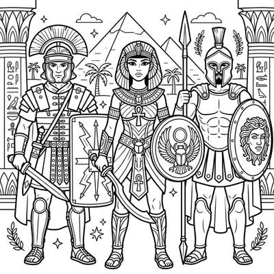 Unleash your creativity with this epic coloring page featuring legendary warriors from ancient civilizations. Bring to life the powerful Roman, majestic Egyptian, and fierce Spartan figures with your favorite colors.