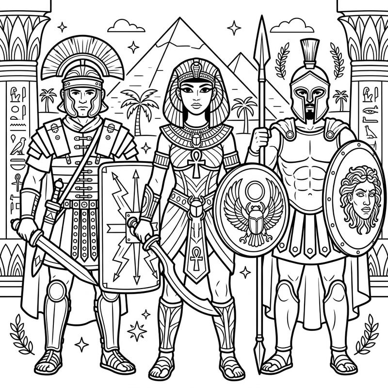 Unleash your creativity with this epic coloring page featuring legendary warriors from ancient civilizations. Bring to life the powerful Roman, majestic Egyptian, and fierce Spartan figures with your favorite colors.