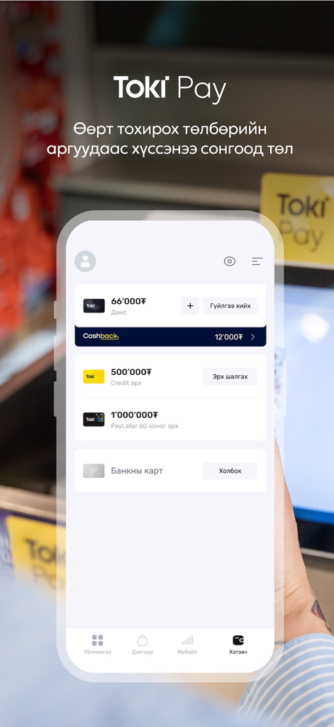 Toki - Toki Pay mobile app wallet screen showing digital payment options and account balances in Mongolian