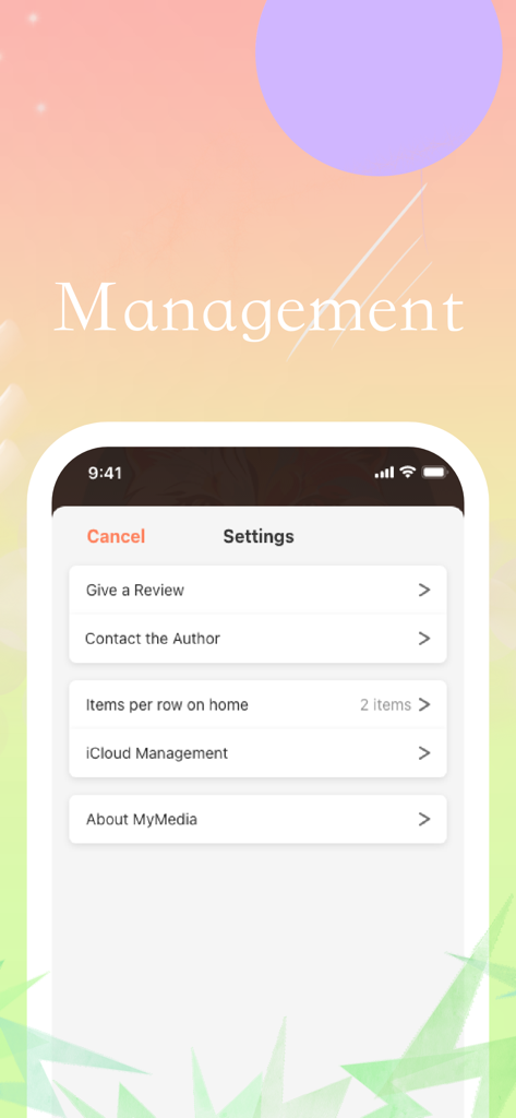 MyMedia- Track And Record Mate - Der Verwaltungs- und Einstellungsbildschirm der MyMedia-App mit Optionen für die iCloud-Verwaltung und Layout-Einstellungen