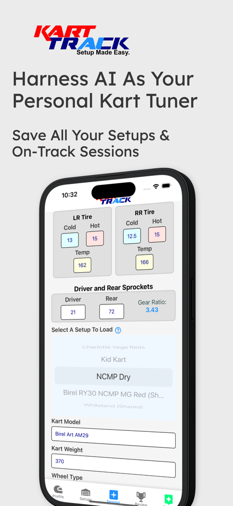 Pantalla de la aplicación Kart Track que muestra campos de configuración de presión de neumáticos, relación de marchas y modelo de kart