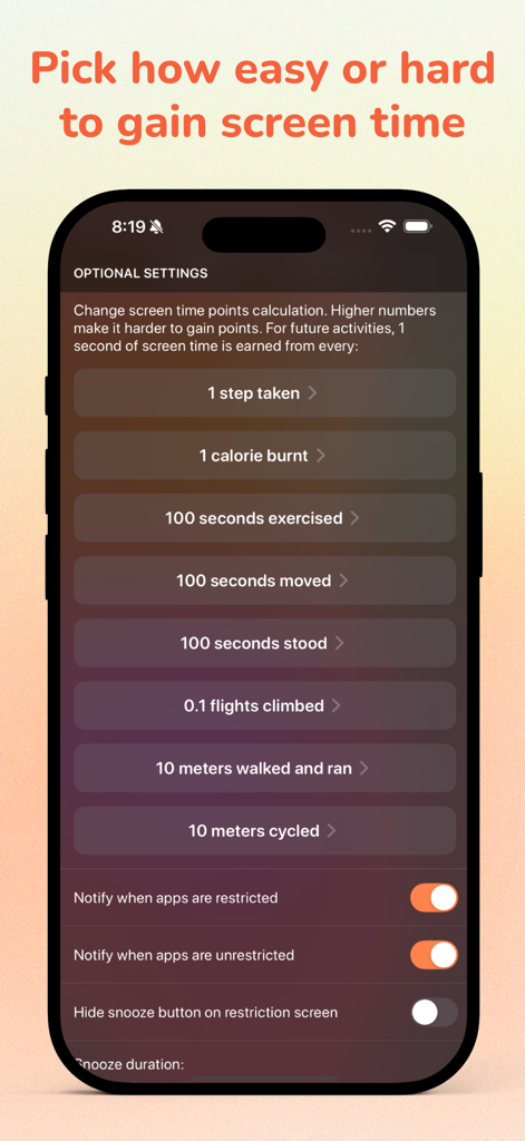 Run For Fun: Screen Time Focus - Pantalla de configuración opcional que muestra las tasas de conversión de actividad física para los puntos de tiempo de pantalla.
