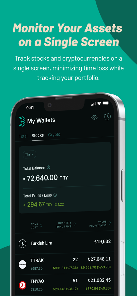 BtcTurk Hisse mobile App-Bildschirm, der die Portfolio-Verfolgung für Aktien- und Krypto-Vermögenswerte zeigt