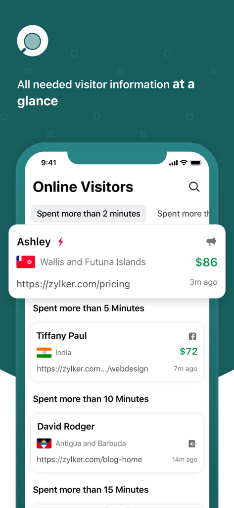 Zoho SalesIQ - Live Chat App - Interfaz móvil de Zoho SalesIQ que muestra una lista de visitantes en línea del sitio web con su ubicación, puntuación de cliente potencial y tiempo en el sitio