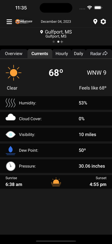 WXXV Weather app showing current weather conditions for Gulfport Mississippi