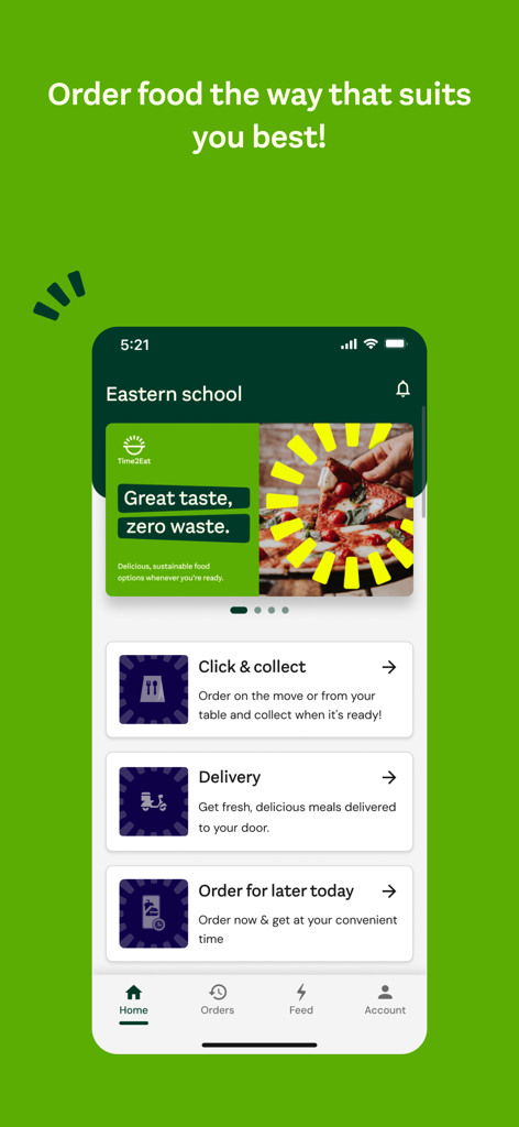 Time2Eat by Compass Digital - Time2Eat app home screen showing food ordering options like click and collect delivery and pre-ordering