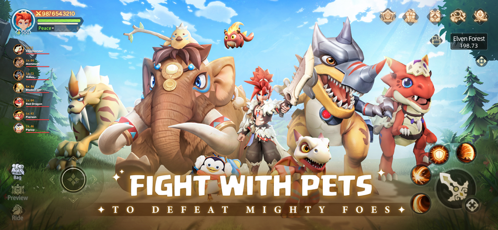 Huntopia：Fantasy RPG - Tribal character standing with various evolved creature pets in a lush landscape from Huntopia Fantasy RPG.