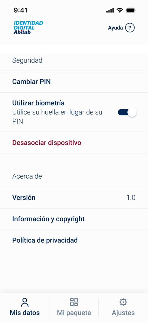 Identidad Digital Abitab - Settings menu of the Identidad Digital Abitab app showing security and biometric options
