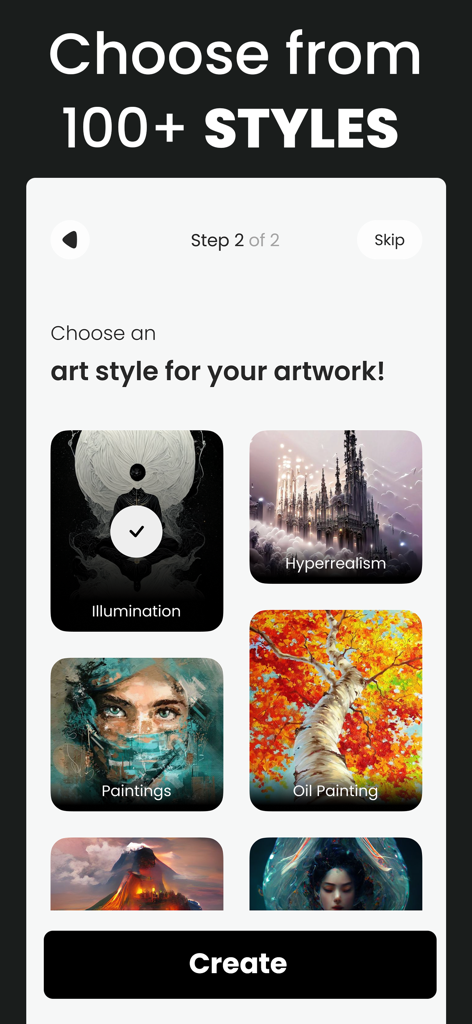 Dream AI: AI Picture generator - Dream AIアプリのインターフェース。Illumination HyperrealismやOil Paintingなど、100以上の芸術スタイルが表示されたギャラリーを示しています。