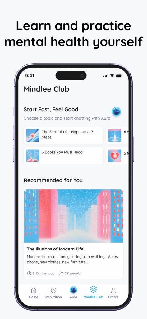 AI Mental Assistant: mindlee - Mindlee app interface showing the Mindlee Club screen with various self-help articles and recommended mental health content