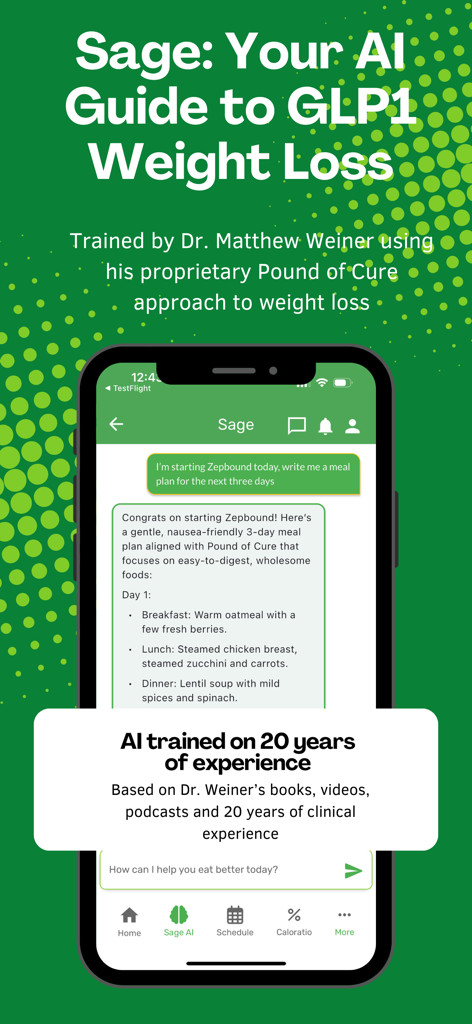 A Pound of Cure - Captura de pantalla de la aplicación A Pound of Cure mostrando a Sage AI proporcionando un plan de comidas personalizado para usuarios de medicamentos para la pérdida de peso GLP-1.