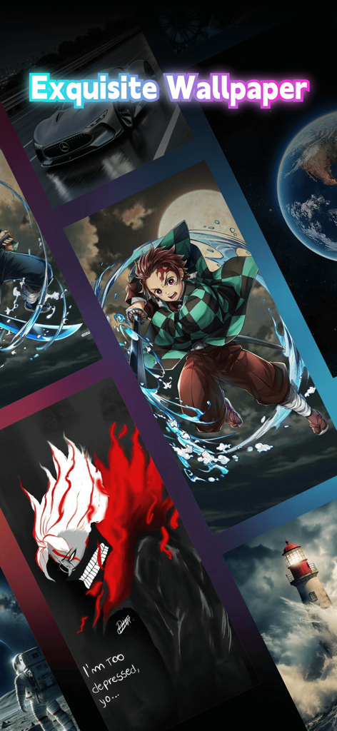 Live Wallpaper - Wallpaper Hub - A collection of high-quality wallpapers in the Live Wallpaper Hub app featuring anime characters, a luxury car, Earth, and a lighthouse.