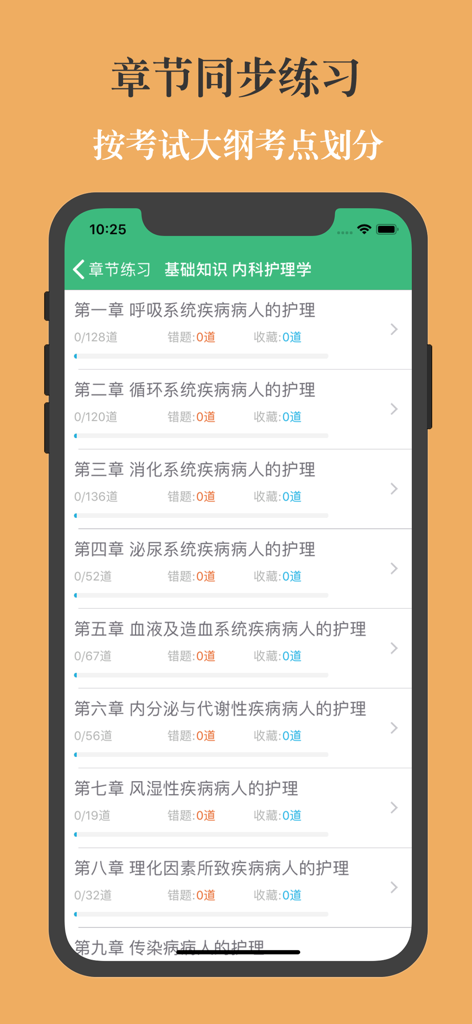 主管护师题库 2026最新 - Screenshot of the Chief Nurse Exam app showing a list of internal medicine nursing study chapters with progress tracking
