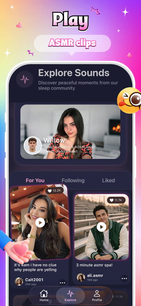 Hush - relaxation - Interface do aplicativo de relaxamento Hush explorando clipes ASMR e paisagens sonoras pacíficas da comunidade.