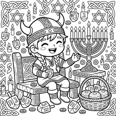 Embark on a unique coloring journey with this delightful page featuring a cheerful Viking child celebrating the festive holiday of Hanukkah. Discover a whimsical fusion of Norse and Jewish traditions, filled with menorahs, dreidels, and sweet treats ready for your creative touch.