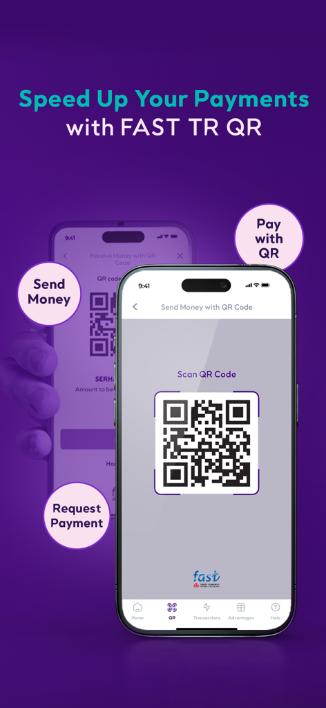 Pantalla de la aplicación móvil Param que muestra un escáner de código QR para pagos rápidos y transferencias de dinero