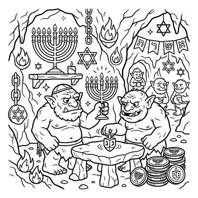 Discover a unique Hanukkah celebration deep within the earth with our Cave Trolls coloring page. This enchanting scene combines festive traditions with a whimsical subterranean setting, perfect for imaginative colorists.
