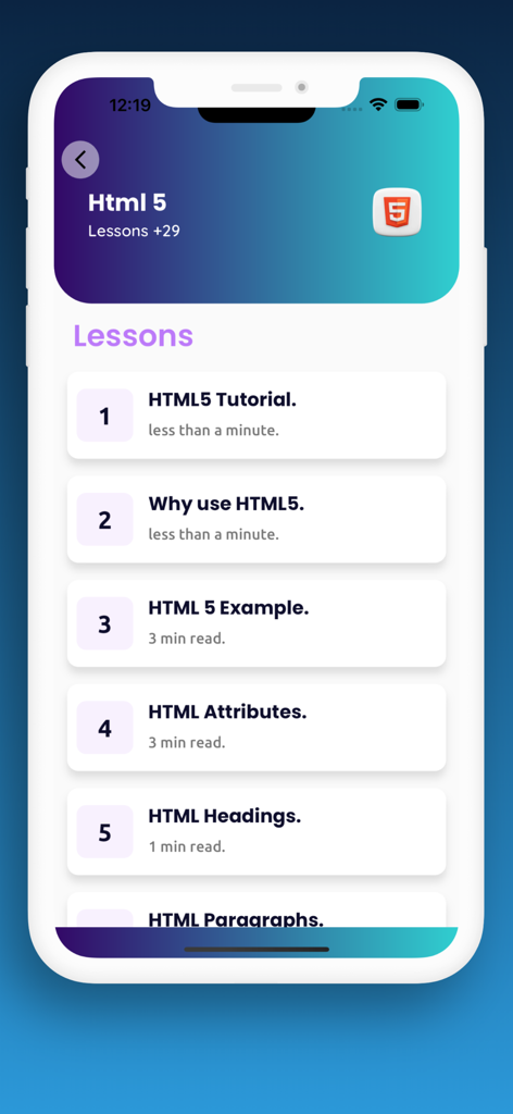 Eine Liste von HTML5-Programmierlektionen in der Web Development Bootcamp Mobile App