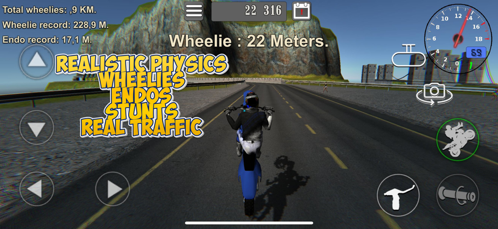 Wheelie King 3D - Una motocicleta realizando una acrobacia de caballito en una carretera costera en el juego Wheelie King 3D