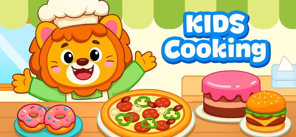 Kids Cooking Games: Yummy Food - A friendly lion chef presenting a pizza, burger, cake, and donuts in the Kids Cooking game.