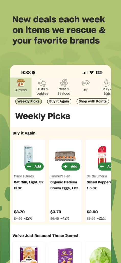 Misfits Market Grocery App - Misfits Market mobile App-Oberfläche mit wöchentlichen Angeboten für Bio-Eier und Hafermilch