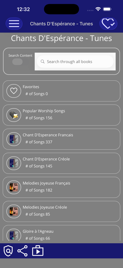 Main menu of the Chants D'Esperance Tunes app displaying various hymn categories and a search bar.